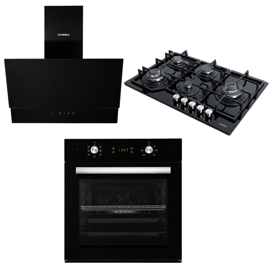 Luxell Built-In Kitchen Appliances Luxell Hex 90cm Black Glass 3-Piece Built-In Kitchen Set with 5-Burner Wok Hob, 650m³/h Hood & 57L Digital Oven - LXSET-HX90-60D