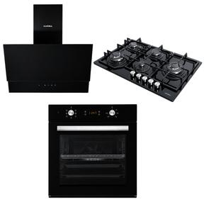 Luxell Built-In Kitchen Appliances Luxell Hex 90cm Black Glass 3-Piece Built-In Kitchen Set with 5-Burner Wok Hob, 650m³/h Hood & 57L Digital Oven - LXSET-HX90-60D