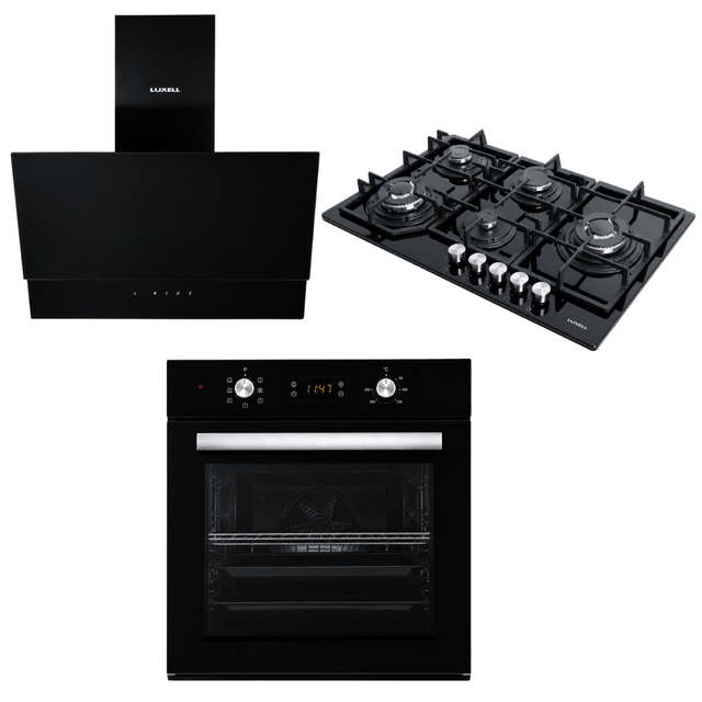 Luxell Built-In Kitchen Appliances Luxell Hex 90cm Black Glass 3-Piece Built-In Kitchen Set with 5-Burner Wok Hob, 650m³/h Hood & 57L Digital Oven - LXSET-HX90-60D