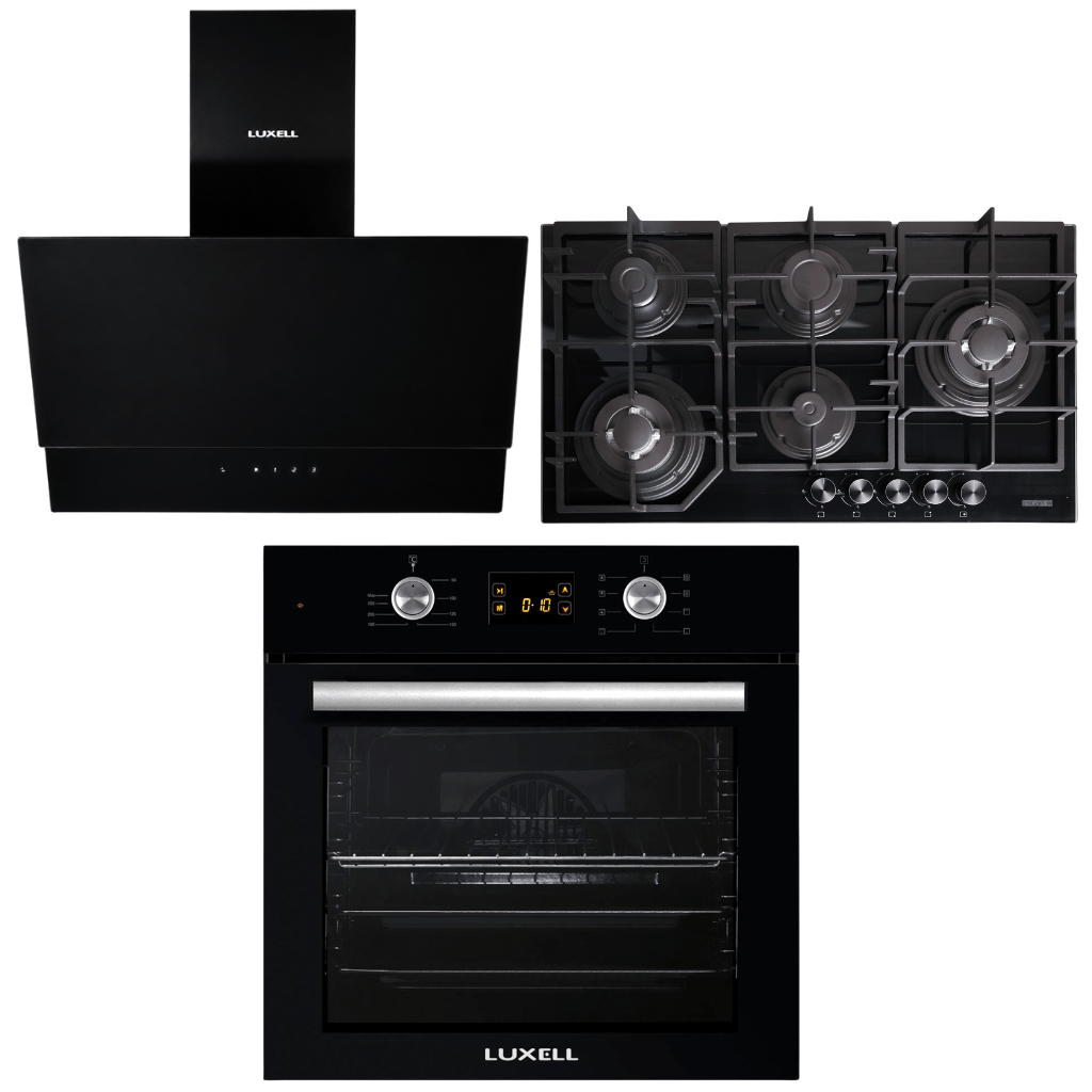 Luxell Built-In Kitchen Appliances Luxell Hex 90cm Black Glass 3-Piece Built-In Kitchen Set with 5-Burner Wok Hob, 650m³/h Hood & 57L Digital Oven - LXSET-HX90-60D