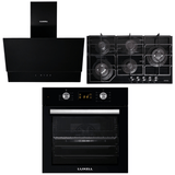 Luxell Built-In Kitchen Appliances Luxell Hex 90cm Black Glass 3-Piece Built-In Kitchen Set with 5-Burner Wok Hob, 650m³/h Hood & 57L Digital Oven - LXSET-HX90-60D