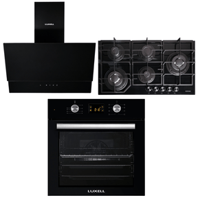 Luxell Built-In Kitchen Appliances Luxell Hex 90cm Black Glass 3-Piece Built-In Kitchen Set with 5-Burner Wok Hob, 650m³/h Hood & 57L Digital Oven - LXSET-HX90-60D