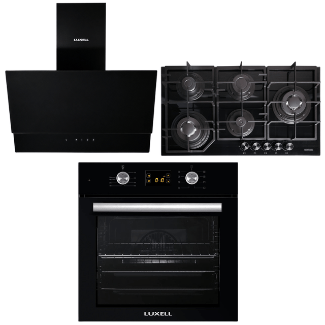 Luxell Built-In Kitchen Appliances Luxell Hex 90cm Black Glass 3-Piece Built-In Kitchen Set with 5-Burner Wok Hob, 650m³/h Hood & 57L Digital Oven - LXSET-HX90-60D