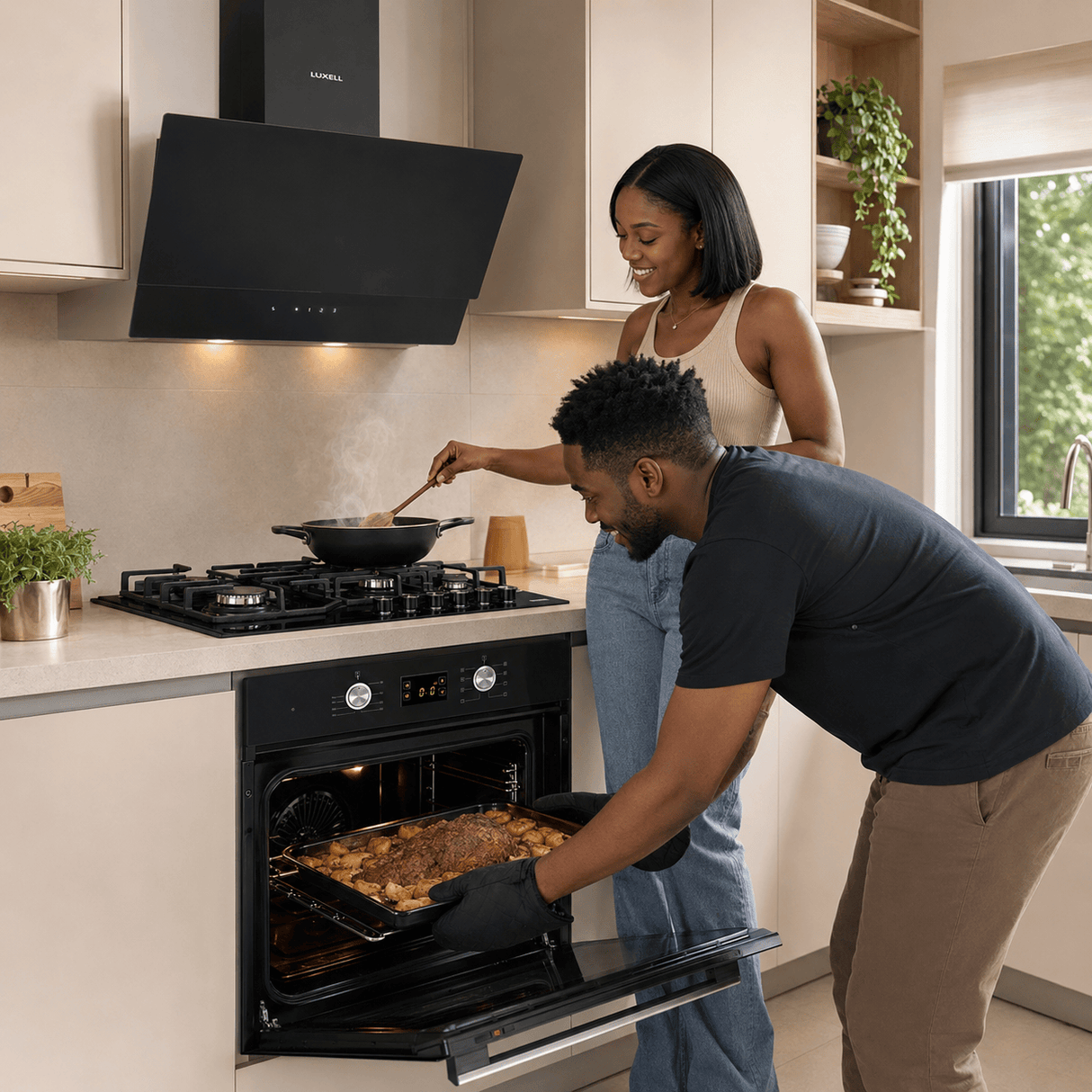 Luxell Built-In Kitchen Appliances Luxell Hex 90cm Black Glass 3-Piece Built-In Kitchen Set with 5-Burner Wok Hob, 650m³/h Hood & 57L Digital Oven - LXSET-HX90-60D