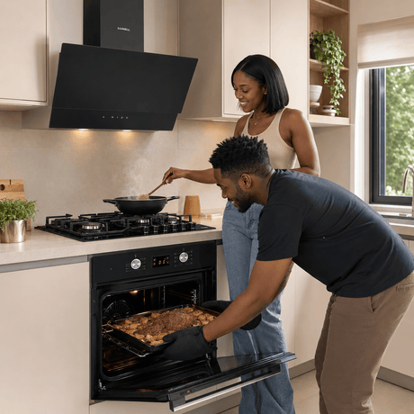 Luxell Built-In Kitchen Appliances Luxell Hex 90cm Black Glass 3-Piece Built-In Kitchen Set with 5-Burner Wok Hob, 650m³/h Hood & 57L Digital Oven - LXSET-HX90-60D