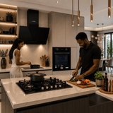 Luxell Built-In Kitchen Appliances Luxell Hex 90cm Black Glass 3-Piece Built-In Kitchen Set with 5-Burner Wok Hob, 650m³/h Hood & 88L Digital Oven - LXSET-HX90-88D