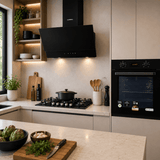 Luxell Built-In Kitchen Appliances Luxell Hex 90cm Black Glass 3-Piece Built-In Kitchen Set with 5-Burner Wok Hob, 650m³/h Hood & 88L Digital Oven - LXSET-HX90-88D