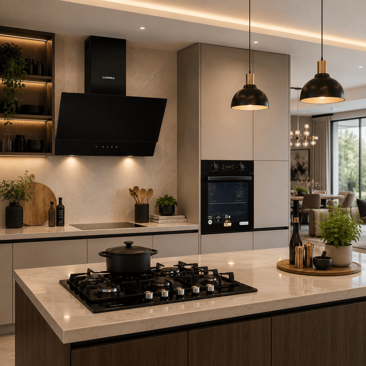 Luxell Built-In Kitchen Appliances Luxell Hex 90cm Black Glass 3-Piece Built-In Kitchen Set with 5-Burner Wok Hob, 650m³/h Hood & 88L Digital Oven - LXSET-HX90-88D