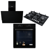 Luxell Built-In Kitchen Appliances Luxell Hex 90cm Black Glass 3-Piece Built-In Kitchen Set with 5-Burner Wok Hob, 650m³/h Hood & 88L Digital Oven - LXSET-HX90-88D