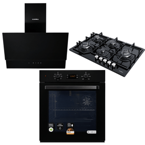 Luxell Built-In Kitchen Appliances Luxell Hex 90cm Black Glass 3-Piece Built-In Kitchen Set with 5-Burner Wok Hob, 650m³/h Hood & 88L Digital Oven - LXSET-HX90-88D