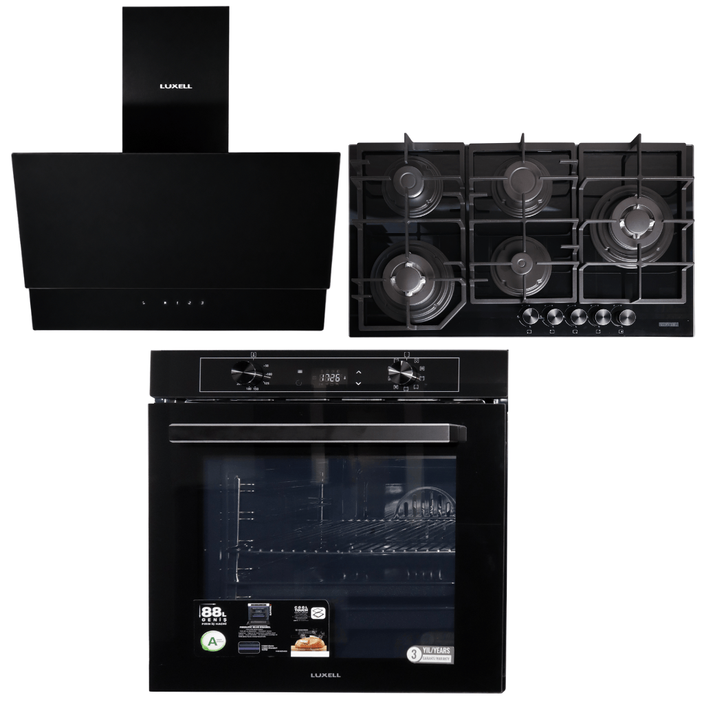 Luxell Built-In Kitchen Appliances Luxell Hex 90cm Black Glass 3-Piece Built-In Kitchen Set with 5-Burner Wok Hob, 650m³/h Hood & 88L Digital Oven - LXSET-HX90-88D