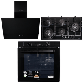 Luxell Built-In Kitchen Appliances Luxell Hex 90cm Black Glass 3-Piece Built-In Kitchen Set with 5-Burner Wok Hob, 650m³/h Hood & 88L Digital Oven - LXSET-HX90-88D
