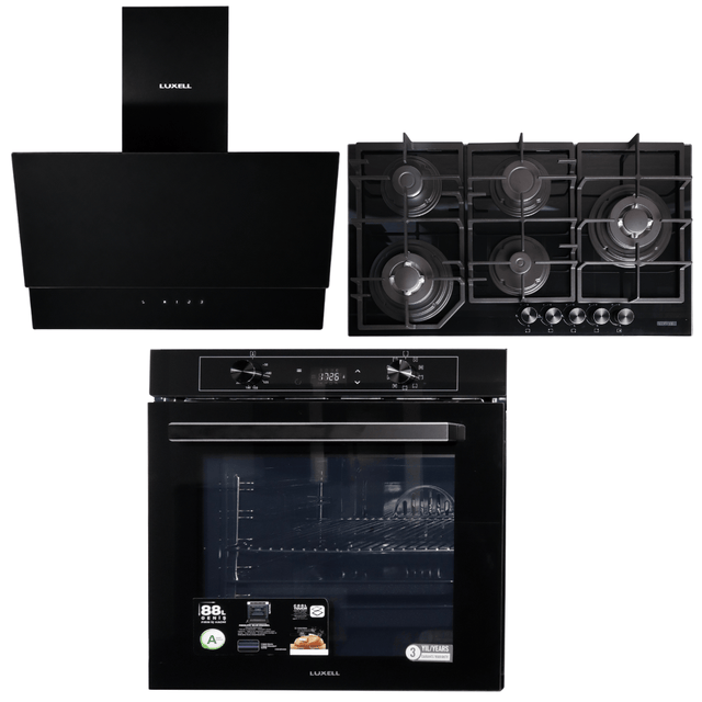 Luxell Built-In Kitchen Appliances Luxell Hex 90cm Black Glass 3-Piece Built-In Kitchen Set with 5-Burner Wok Hob, 650m³/h Hood & 88L Digital Oven - LXSET-HX90-88D