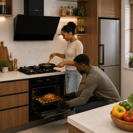 Luxell Built-In Kitchen Appliances Luxell Hex 90cm Black Glass 3-Piece Built-In Kitchen Set with 5-Burner Wok Hob, 650m³/h Hood & 88L Digital Oven - LXSET-HX90-88D