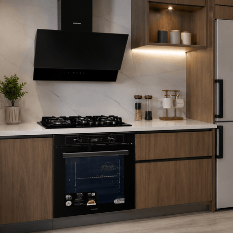 Luxell Built-In Kitchen Appliances Luxell Hex 90cm Black Glass 3-Piece Built-In Kitchen Set with 5-Burner Wok Hob, 650m³/h Hood & 88L Digital Oven - LXSET-HX90-88D