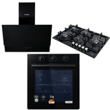 Luxell Built-In Kitchen Appliances Luxell Hex 90cm Black Glass 3-Piece Built-In Kitchen Set with 5-Burner Wok Hob, 650m³/h Hood & 88L Turbo Oven - LXSET-HX90-88M
