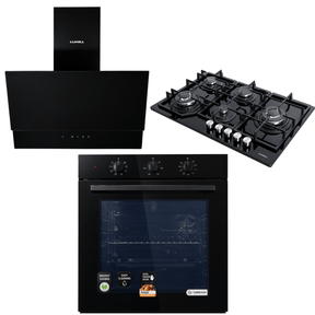 Luxell Built-In Kitchen Appliances Luxell Hex 90cm Black Glass 3-Piece Built-In Kitchen Set with 5-Burner Wok Hob, 650m³/h Hood & 88L Turbo Oven - LXSET-HX90-88M