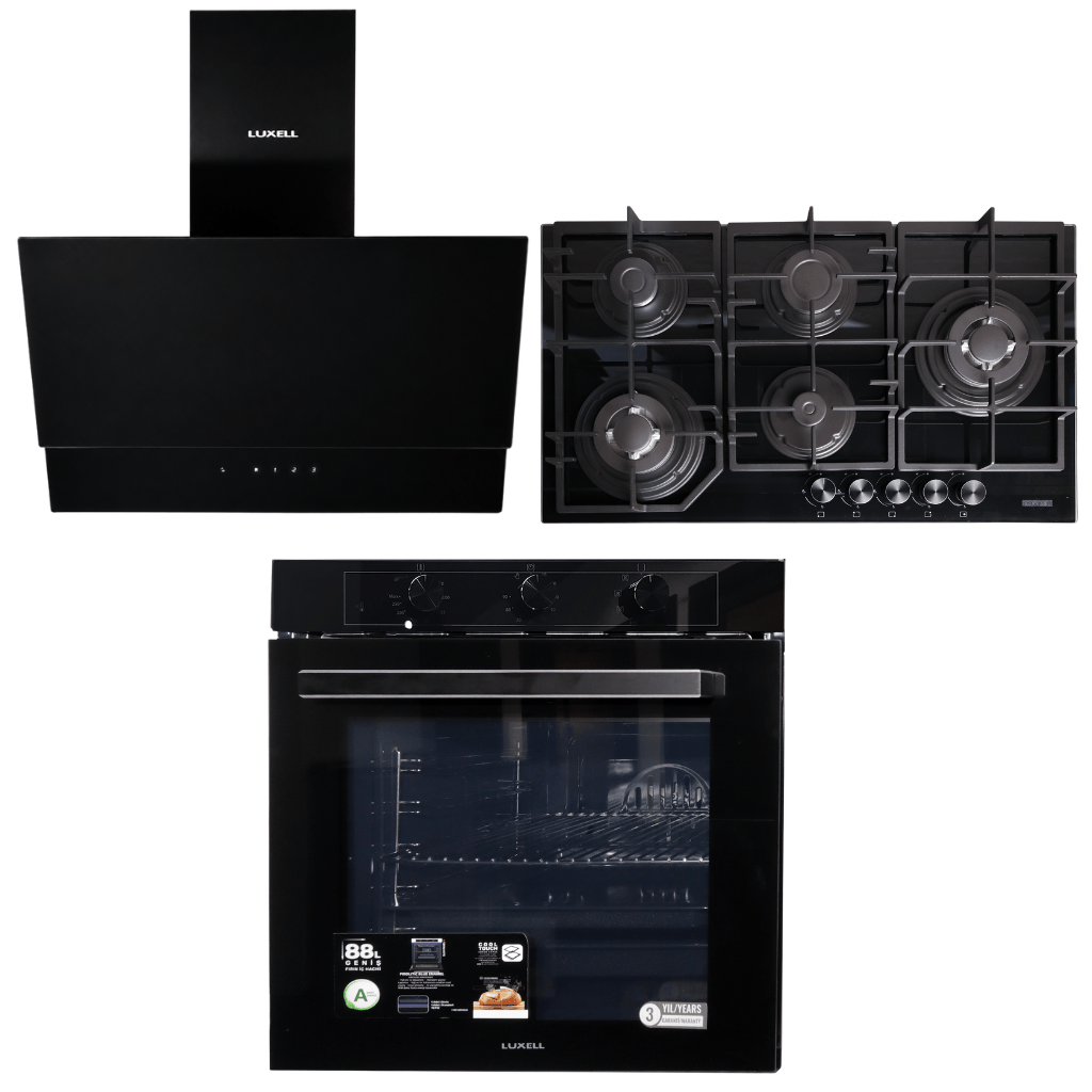 Luxell Built-In Kitchen Appliances Luxell Hex 90cm Black Glass 3-Piece Built-In Kitchen Set with 5-Burner Wok Hob, 650m³/h Hood & 88L Turbo Oven - LXSET-HX90-88M
