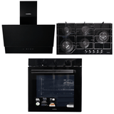 Luxell Built-In Kitchen Appliances Luxell Hex 90cm Black Glass 3-Piece Built-In Kitchen Set with 5-Burner Wok Hob, 650m³/h Hood & 88L Turbo Oven - LXSET-HX90-88M