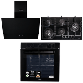 Luxell Built-In Kitchen Appliances Luxell Hex 90cm Black Glass 3-Piece Built-In Kitchen Set with 5-Burner Wok Hob, 650m³/h Hood & 88L Turbo Oven - LXSET-HX90-88M