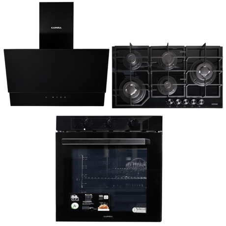 Luxell Built-In Kitchen Appliances Luxell Hex 90cm Black Glass 3-Piece Built-In Kitchen Set with 5-Burner Wok Hob, 650m³/h Hood & 88L Turbo Oven - LXSET-HX90-88M