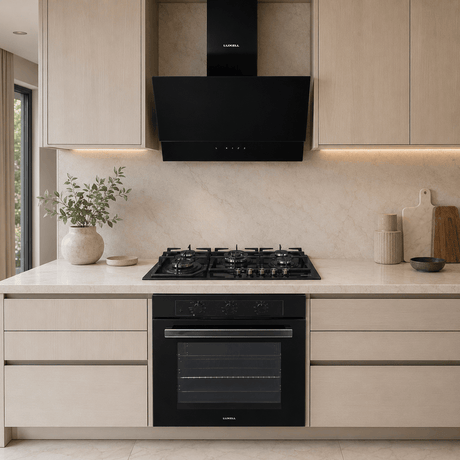 Luxell Built-In Kitchen Appliances Luxell Hex 90cm Black Glass 3-Piece Built-In Kitchen Set with 5-Burner Wok Hob, 650m³/h Hood & 88L Turbo Oven - LXSET-HX90-88M