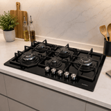 Luxell Built-In Kitchen Appliances Luxell Hex 90cm Black Glass 3-Piece Built-In Kitchen Set with 5-Burner Wok Hob, 650m³/h Hood & Convection Oven - LXSET-HX90-60M