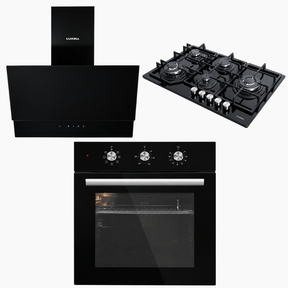Luxell Built-In Kitchen Appliances Luxell Hex 90cm Black Glass 3-Piece Built-In Kitchen Set with 5-Burner Wok Hob, 650m³/h Hood & Convection Oven - LXSET-HX90-60M