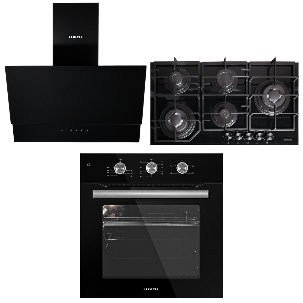 Luxell Built-In Kitchen Appliances Luxell Hex 90cm Black Glass 3-Piece Built-In Kitchen Set with 5-Burner Wok Hob, 650m³/h Hood & Convection Oven - LXSET-HX90-60M