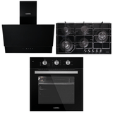 Luxell Built-In Kitchen Appliances Luxell Hex 90cm Black Glass 3-Piece Built-In Kitchen Set with 5-Burner Wok Hob, 650m³/h Hood & Convection Oven - LXSET-HX90-60M