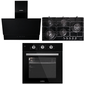 Luxell Built-In Kitchen Appliances Luxell Hex 90cm Black Glass 3-Piece Built-In Kitchen Set with 5-Burner Wok Hob, 650m³/h Hood & Convection Oven - LXSET-HX90-60M