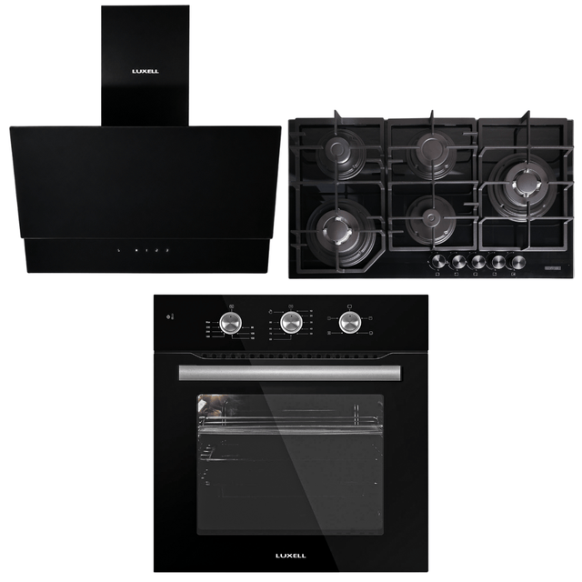 Luxell Built-In Kitchen Appliances Luxell Hex 90cm Black Glass 3-Piece Built-In Kitchen Set with 5-Burner Wok Hob, 650m³/h Hood & Convection Oven - LXSET-HX90-60M