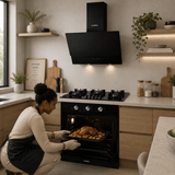 Luxell Built-In Kitchen Appliances Luxell Hex 90cm Black Glass 3-Piece Built-In Kitchen Set with 5-Burner Wok Hob, 650m³/h Hood & Convection Oven - LXSET-HX90-60M