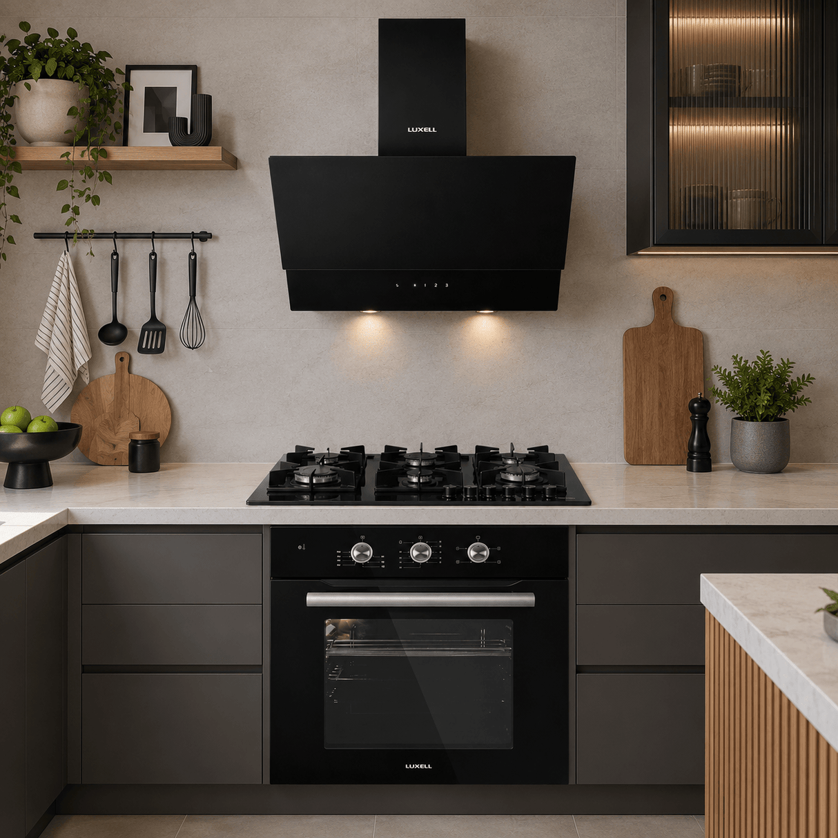 Luxell Built-In Kitchen Appliances Luxell Hex 90cm Black Glass 3-Piece Built-In Kitchen Set with 5-Burner Wok Hob, 650m³/h Hood & Convection Oven - LXSET-HX90-60M