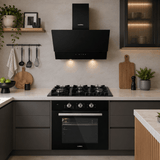 Luxell Built-In Kitchen Appliances Luxell Hex 90cm Black Glass 3-Piece Built-In Kitchen Set with 5-Burner Wok Hob, 650m³/h Hood & Convection Oven - LXSET-HX90-60M