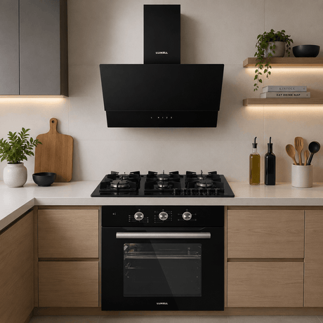 Luxell Built-In Kitchen Appliances Luxell Hex 90cm Black Glass 3-Piece Built-In Kitchen Set with 5-Burner Wok Hob, 650m³/h Hood & Convection Oven - LXSET-HX90-60M