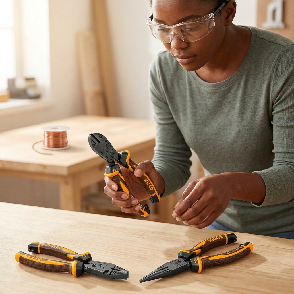 Maker selecting the Ingco diagonal cutters with the other two pliers on the bench