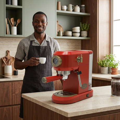 Man enjoying espresso beside the red Kaiser coffee machine