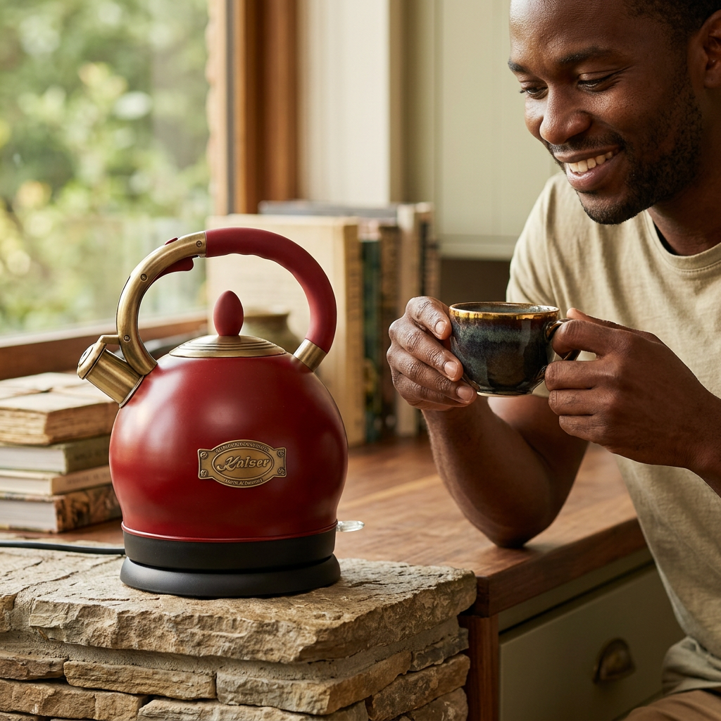 Man enjoying tea beside the Bordeaux red Kaiser kettle