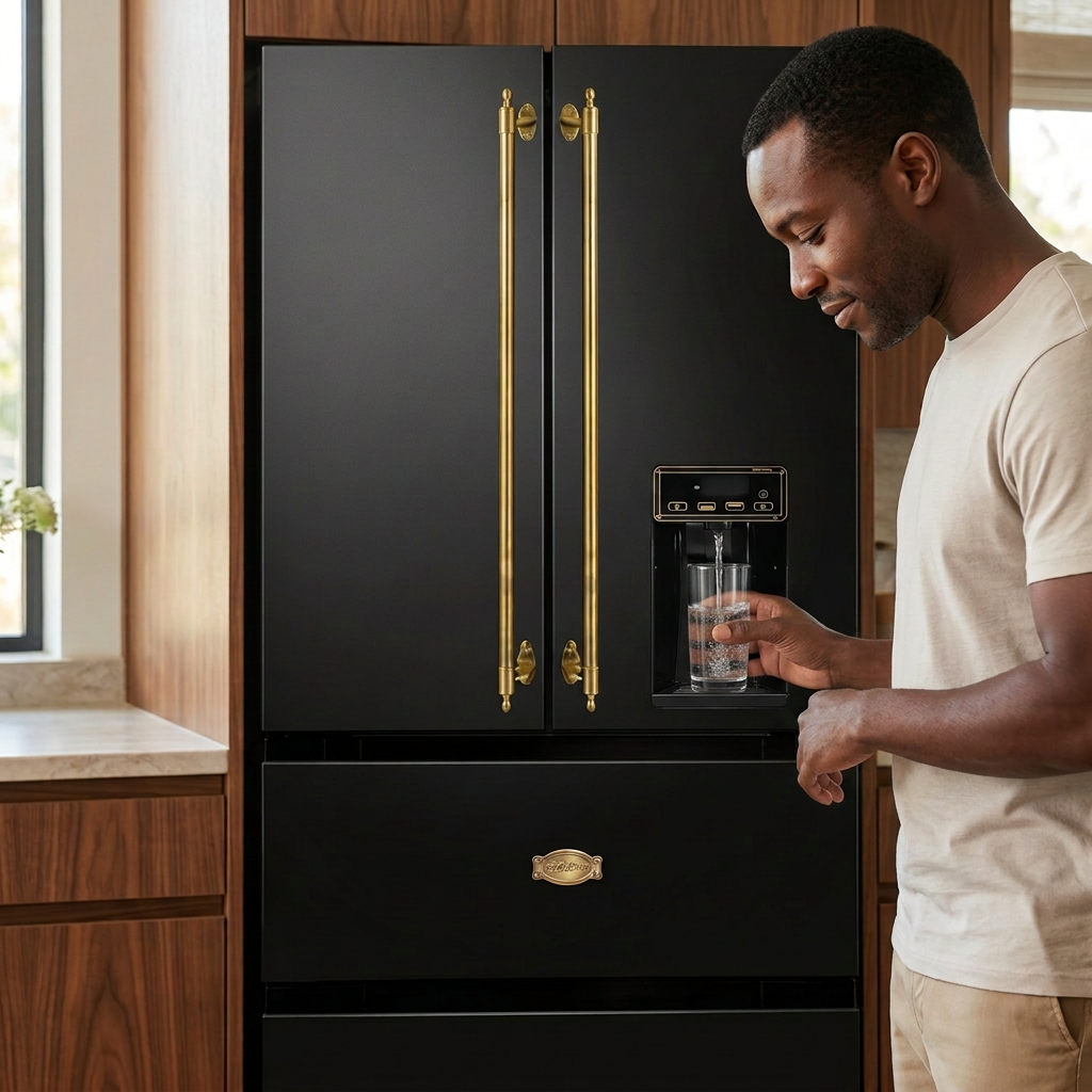 Man filling a glass from the water dispenser on the black Kaiser Empire refrigerator