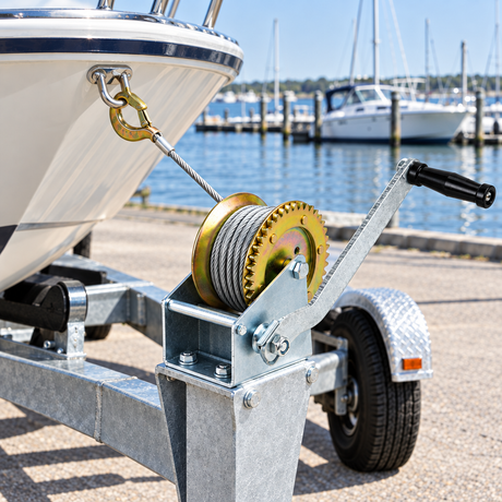 Manual cable winch mounted on a boat trailer