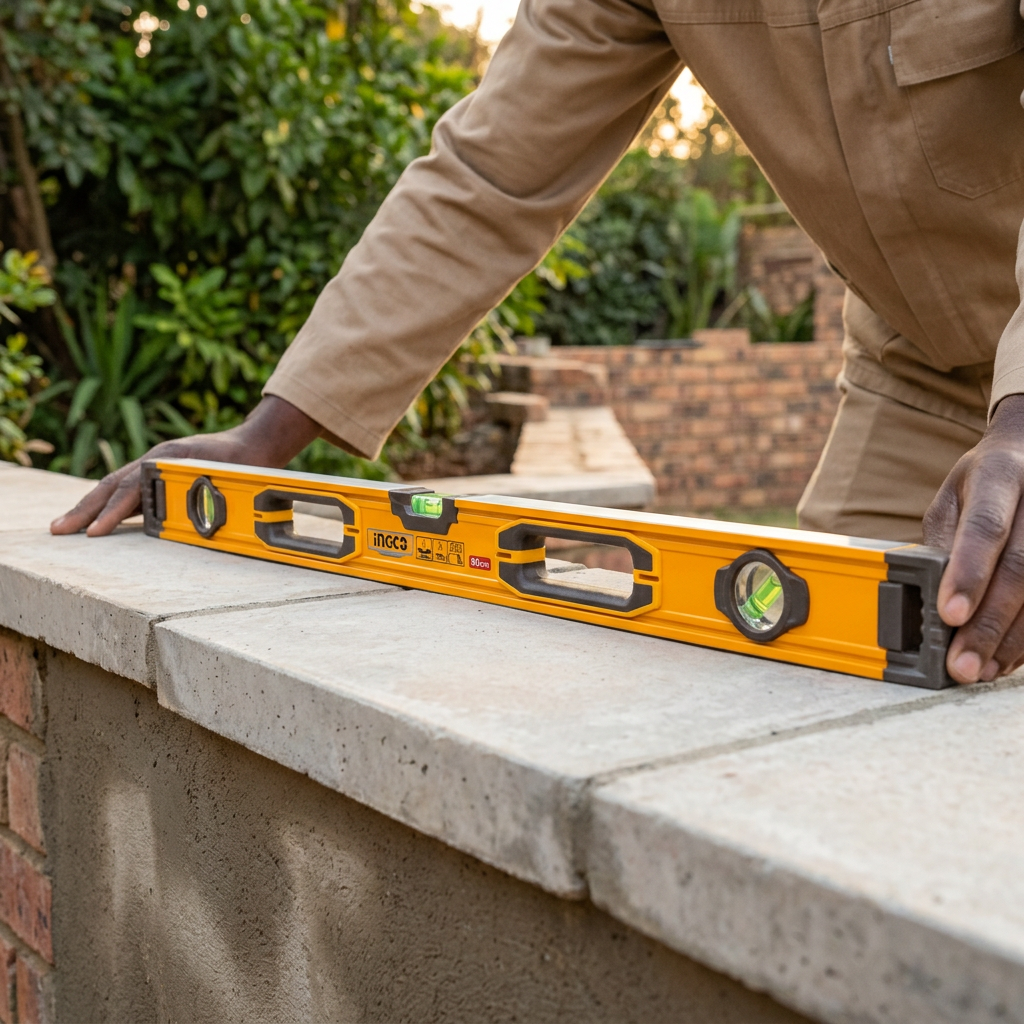 Mason checking garden-wall capstones with the Ingco spirit level