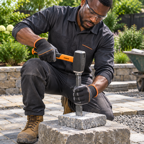 Mason using the Coofix stoning hammer for stonework