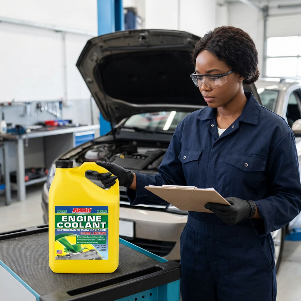 Mechanic preparing ABRO Green Engine Coolant for vehicle service