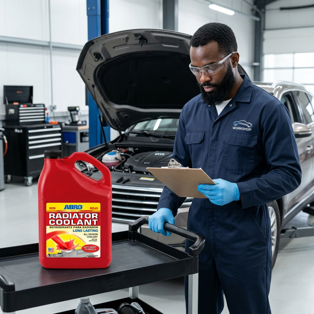 Mechanic preparing ABRO Red Radiator Coolant for vehicle service