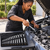 Mechanic using a spanner from the 12-piece set outdoors