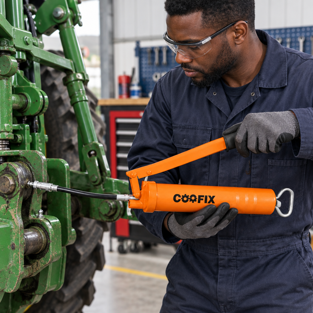 Mechanic using the Coofix grease gun with its flexible hose