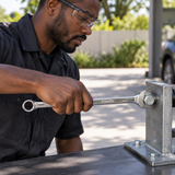 Mechanic using the open end of a Coofix combination spanner on a hex nut