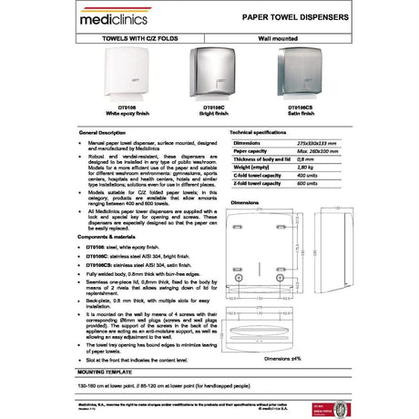 Mediclinics Dryers & Dispensers Mediclinics Wall Mounted Paper Towel Dispenser With C/Z Folds