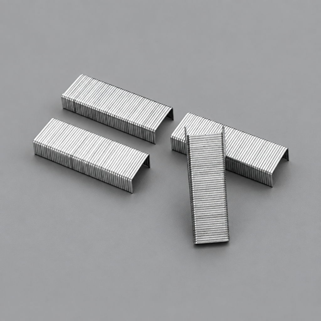 Metal staple strips on grey